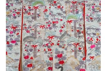 明治〜大正　正絹　刺繍　鶴亀　松竹梅　振袖　着物　打掛(古布、リメイク、衣装、Japanese KIMONO)(R-076756)