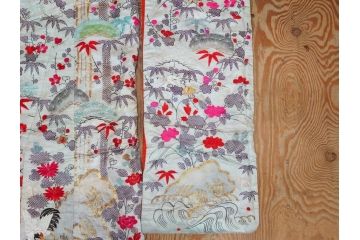 明治〜大正　正絹　刺繍　鶴亀　松竹梅　振袖　着物　打掛(古布、リメイク、衣装、Japanese KIMONO)(R-076756)
