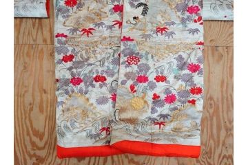 明治〜大正　正絹　刺繍　鶴亀　松竹梅　振袖　着物　打掛(古布、リメイク、衣装、Japanese KIMONO)(R-076756)