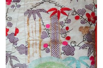 明治〜大正　正絹　刺繍　鶴亀　松竹梅　振袖　着物　打掛(古布、リメイク、衣装、Japanese KIMONO)(R-076756)