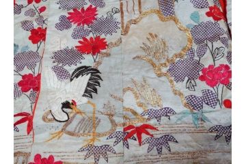 明治〜大正　正絹　刺繍　鶴亀　松竹梅　振袖　着物　打掛(古布、リメイク、衣装、Japanese KIMONO)(R-076756)