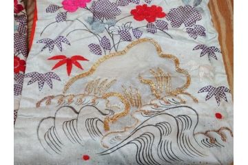 明治〜大正　正絹　刺繍　鶴亀　松竹梅　振袖　着物　打掛(古布、リメイク、衣装、Japanese KIMONO)(R-076756)
