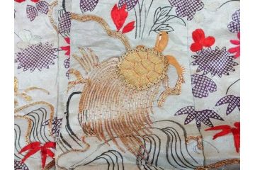 明治〜大正　正絹　刺繍　鶴亀　松竹梅　振袖　着物　打掛(古布、リメイク、衣装、Japanese KIMONO)(R-076756)