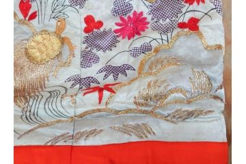 明治〜大正　正絹　刺繍　鶴亀　松竹梅　振袖　着物　打掛(古布、リメイク、衣装、Japanese KIMONO)(R-076756)