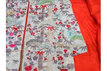 明治〜大正　正絹　刺繍　鶴亀　松竹梅　振袖　着物　打掛(古布、リメイク、衣装、Japanese KIMONO)(R-076756)