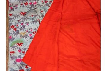 明治〜大正　正絹　刺繍　鶴亀　松竹梅　振袖　着物　打掛(古布、リメイク、衣装、Japanese KIMONO)(R-076756)