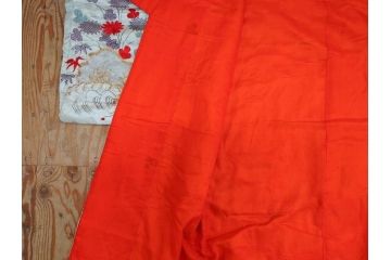 明治〜大正　正絹　刺繍　鶴亀　松竹梅　振袖　着物　打掛(古布、リメイク、衣装、Japanese KIMONO)(R-076756)