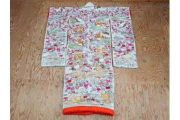 明治〜大正　正絹　刺繍　鶴亀　松竹梅　振袖　着物　打掛(古布、リメイク、衣装、Japanese KIMONO)(R-076756)