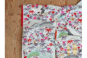 明治〜大正　正絹　刺繍　鶴亀　松竹梅　振袖　着物　打掛(古布、リメイク、衣装、Japanese KIMONO)(R-076756)