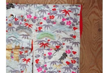 明治〜大正　正絹　刺繍　鶴亀　松竹梅　振袖　着物　打掛(古布、リメイク、衣装、Japanese KIMONO)(R-076756)