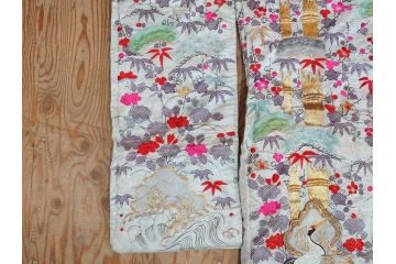 明治〜大正　正絹　刺繍　鶴亀　松竹梅　振袖　着物　打掛(古布、リメイク、衣装、Japanese KIMONO)(R-076756)