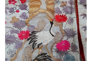 明治〜大正　正絹　刺繍　鶴亀　松竹梅　振袖　着物　打掛(古布、リメイク、衣装、Japanese KIMONO)(R-076756)