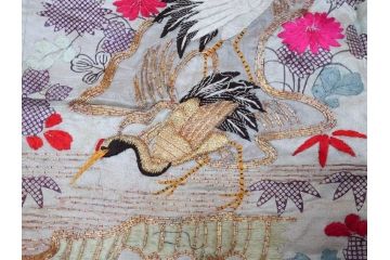 明治〜大正　正絹　刺繍　鶴亀　松竹梅　振袖　着物　打掛(古布、リメイク、衣装、Japanese KIMONO)(R-076756)