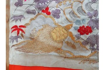 明治〜大正　正絹　刺繍　鶴亀　松竹梅　振袖　着物　打掛(古布、リメイク、衣装、Japanese KIMONO)(R-076756)