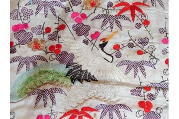 明治〜大正　正絹　刺繍　鶴亀　松竹梅　振袖　着物　打掛(古布、リメイク、衣装、Japanese KIMONO)(R-076756)