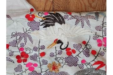 明治〜大正　正絹　刺繍　鶴亀　松竹梅　振袖　着物　打掛(古布、リメイク、衣装、Japanese KIMONO)(R-076756)