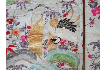 明治〜大正　正絹　刺繍　鶴亀　松竹梅　振袖　着物　打掛(古布、リメイク、衣装、Japanese KIMONO)(R-076756)
