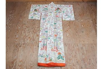 大正〜昭和初期　正絹　刺繍　鶴亀　松竹梅　着物　打掛(古布、リメイク、衣装、Japanese KIMONO)(R-076757)