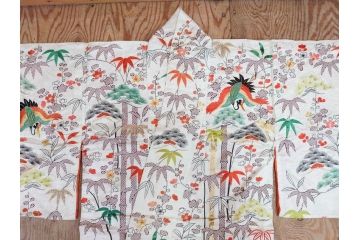 大正〜昭和初期　正絹　刺繍　鶴亀　松竹梅　着物　打掛(古布、リメイク、衣装、Japanese KIMONO)(R-076757)