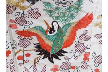 大正〜昭和初期　正絹　刺繍　鶴亀　松竹梅　着物　打掛(古布、リメイク、衣装、Japanese KIMONO)(R-076757)
