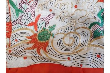 大正〜昭和初期　正絹　刺繍　鶴亀　松竹梅　着物　打掛(古布、リメイク、衣装、Japanese KIMONO)(R-076757)