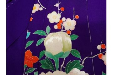大正〜昭和初期　縮緬(ちりめん)　正絹　牡丹　梅　菊　桔梗　子供着物(子ども、古布、リメイク、衣装、Japanese KIMONO)(R-076758)