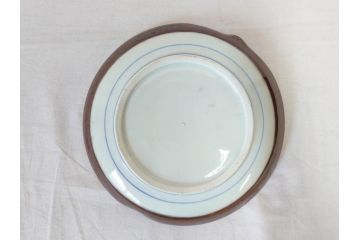 大正〜昭和初期　伊万里　色絵　猪に僮乗るの図　豚　花園　約23cm　7.5寸　繊細な図柄と色淡いが素敵な中皿(和皿、和食器、七寸五分)(R-076761)
