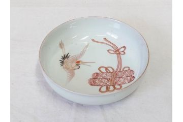 江戸期　伊万里　色絵　約13cm　4.5寸　鶴に巻物図　縁起の良い図柄が上品ななます皿4枚セット(小皿、和皿、深皿、和食器、四寸五分)(R-076762)