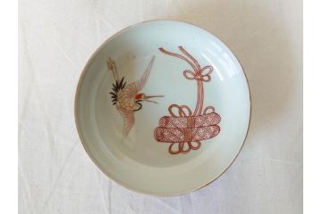 江戸期　伊万里　色絵　約13cm　4.5寸　鶴に巻物図　縁起の良い図柄が上品ななます皿4枚セット(小皿、和皿、深皿、和食器、四寸五分)(R-076762)