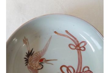 江戸期　伊万里　色絵　約13cm　4.5寸　鶴に巻物図　縁起の良い図柄が上品ななます皿4枚セット(小皿、和皿、深皿、和食器、四寸五分)(R-076762)