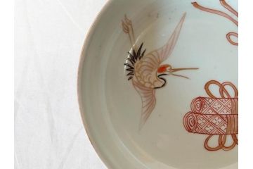 江戸期　伊万里　色絵　約13cm　4.5寸　鶴に巻物図　縁起の良い図柄が上品ななます皿4枚セット(小皿、和皿、深皿、和食器、四寸五分)(R-076762)