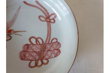江戸期　伊万里　色絵　約13cm　4.5寸　鶴に巻物図　縁起の良い図柄が上品ななます皿4枚セット(小皿、和皿、深皿、和食器、四寸五分)(R-076762)
