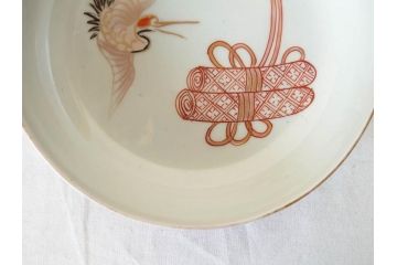 江戸期　伊万里　色絵　約13cm　4.5寸　鶴に巻物図　縁起の良い図柄が上品ななます皿4枚セット(小皿、和皿、深皿、和食器、四寸五分)(R-076762)