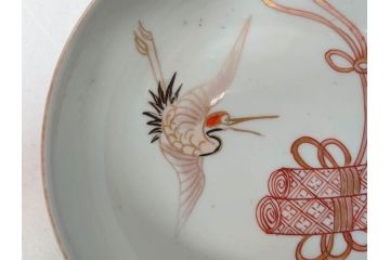 江戸期　伊万里　色絵　約13cm　4.5寸　鶴に巻物図　縁起の良い図柄が上品ななます皿4枚セット(小皿、和皿、深皿、和食器、四寸五分)(R-076762)