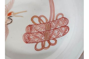 江戸期　伊万里　色絵　約13cm　4.5寸　鶴に巻物図　縁起の良い図柄が上品ななます皿4枚セット(小皿、和皿、深皿、和食器、四寸五分)(R-076762)