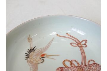 江戸期　伊万里　色絵　約13cm　4.5寸　鶴に巻物図　縁起の良い図柄が上品ななます皿4枚セット(小皿、和皿、深皿、和食器、四寸五分)(R-076762)