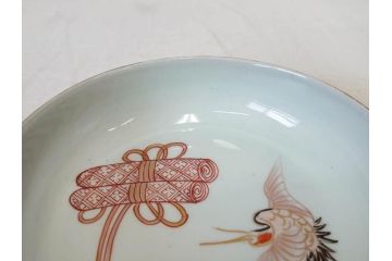 江戸期　伊万里　色絵　約13cm　4.5寸　鶴に巻物図　縁起の良い図柄が上品ななます皿4枚セット(小皿、和皿、深皿、和食器、四寸五分)(R-076762)