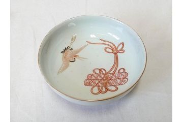 江戸期　伊万里　色絵　約13cm　4.5寸　鶴に巻物図　縁起の良い図柄が上品ななます皿4枚セット(小皿、和皿、深皿、和食器、四寸五分)(R-076762)