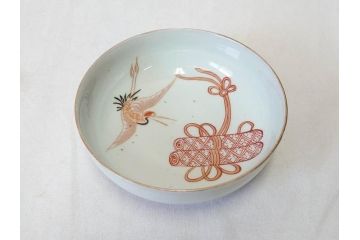 江戸期　伊万里　色絵　約13cm　4.5寸　鶴に巻物図　縁起の良い図柄が上品ななます皿4枚セット(小皿、和皿、深皿、和食器、四寸五分)(R-076762)