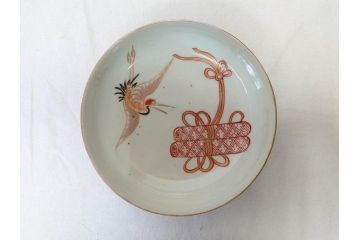 江戸期　伊万里　色絵　約13cm　4.5寸　鶴に巻物図　縁起の良い図柄が上品ななます皿4枚セット(小皿、和皿、深皿、和食器、四寸五分)(R-076762)
