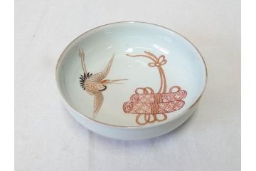 江戸期　伊万里　色絵　約13cm　4.5寸　鶴に巻物図　縁起の良い図柄が上品ななます皿4枚セット(小皿、和皿、深皿、和食器、四寸五分)(R-076762)