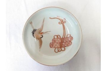 江戸期　伊万里　色絵　約13cm　4.5寸　鶴に巻物図　縁起の良い図柄が上品ななます皿4枚セット(小皿、和皿、深皿、和食器、四寸五分)(R-076762)