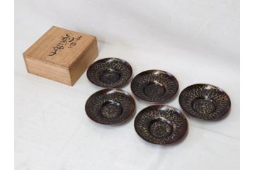 玉川堂　銅製托子　独特な色合いや肌触りをお楽しみいただける茶托5枚セット(鎚目、鎚起、五客揃、銅器、茶道具、煎茶道具、共箱付き)(R-076765)