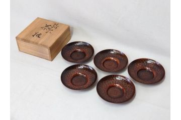 純銅　独特な質感が味わい深い茶托5枚セット(銅製托子、鎚目、鎚起、五客揃、銅器、茶道具、煎茶道具、共箱付き)(R-076766)