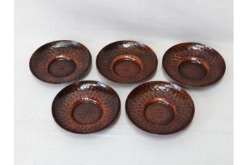 純銅　独特な質感が味わい深い茶托5枚セット(銅製托子、鎚目、鎚起、五客揃、銅器、茶道具、煎茶道具、共箱付き)(R-076766)