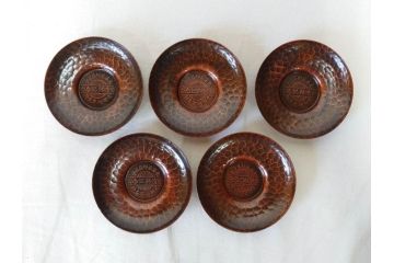 純銅　独特な質感が味わい深い茶托5枚セット(銅製托子、鎚目、鎚起、五客揃、銅器、茶道具、煎茶道具、共箱付き)(R-076766)