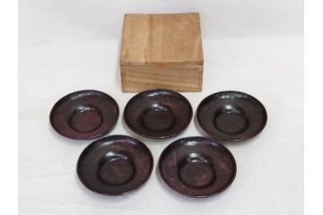 本間琢斎　斑紫銅無地　紫がかった色味が美しい茶托10枚セット(五客揃2セット、銅器、茶道具、煎茶道具、在銘有、共箱付き)(R-076767)