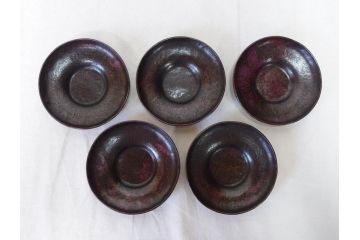 本間琢斎　斑紫銅無地　紫がかった色味が美しい茶托10枚セット(五客揃2セット、銅器、茶道具、煎茶道具、在銘有、共箱付き)(R-076767)
