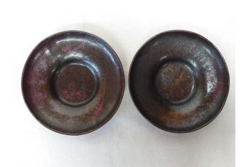 本間琢斎　斑紫銅無地　紫がかった色味が美しい茶托10枚セット(五客揃2セット、銅器、茶道具、煎茶道具、在銘有、共箱付き)(R-076767)
