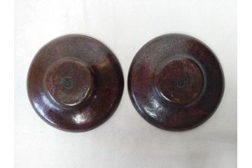 本間琢斎　斑紫銅無地　紫がかった色味が美しい茶托10枚セット(五客揃2セット、銅器、茶道具、煎茶道具、在銘有、共箱付き)(R-076767)